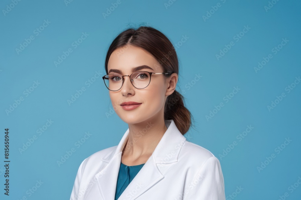 Portrait of a young woman doctor wearing glasses posing isolated over blue background. Concept of advertising healthcare, dentistry, beauty salons. Generative AI Portrait of a young woman doctor wearing glasses posing isolated over blue background. Concept of advertising healthcare, dentistry, beauty salons. Generative AI