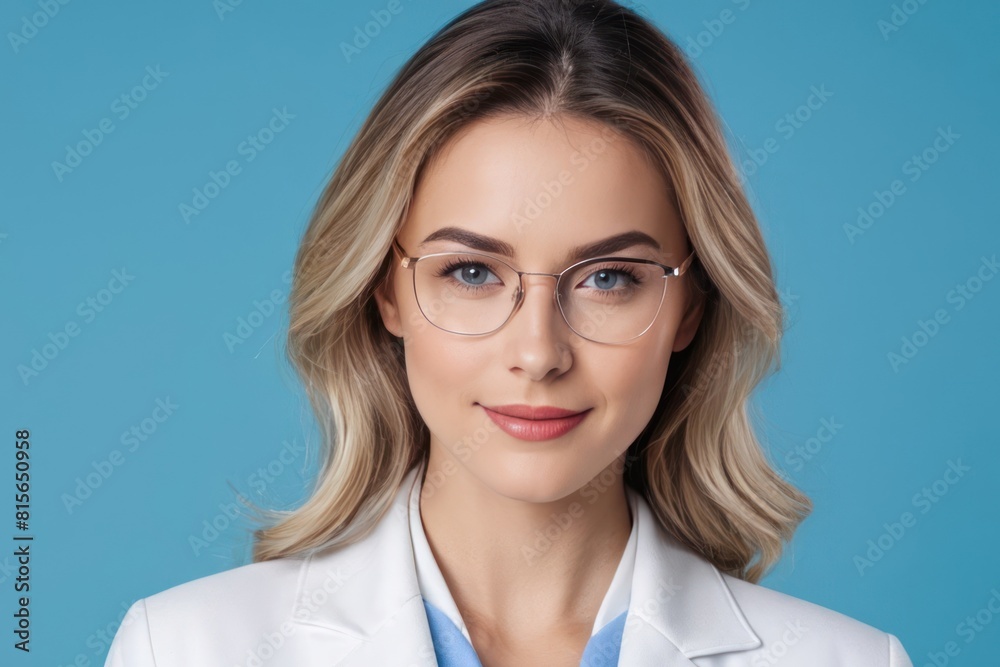 Portrait of a young woman doctor wearing glasses posing isolated over blue background. Concept of advertising healthcare, dentistry, beauty salons. Generative AI