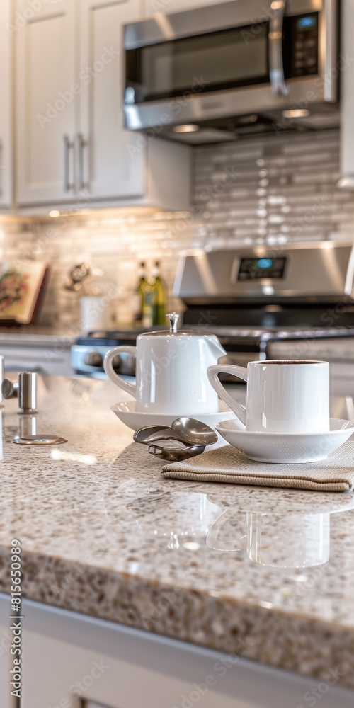 Kitchen island countertop with coffee set, modern kitchen background Kitchen island countertop with coffee set, modern kitchen background