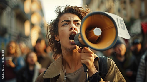 Female activist protesting with megaphone during a demonstration © 沈军 贡