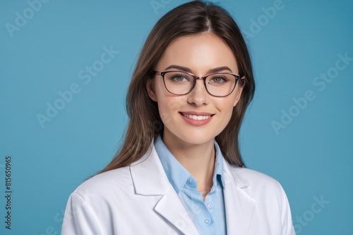 Portrait of a young woman doctor wearing glasses posing isolated over blue background. Concept of advertising healthcare  dentistry  beauty salons. Generative AI