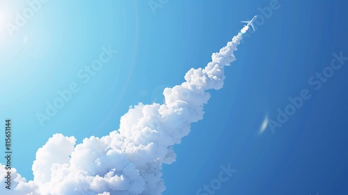 Vapor trail from an airliner or rocket in a blue sky. Realistic modern illustration of steam curving upward as a plane takes off. photo