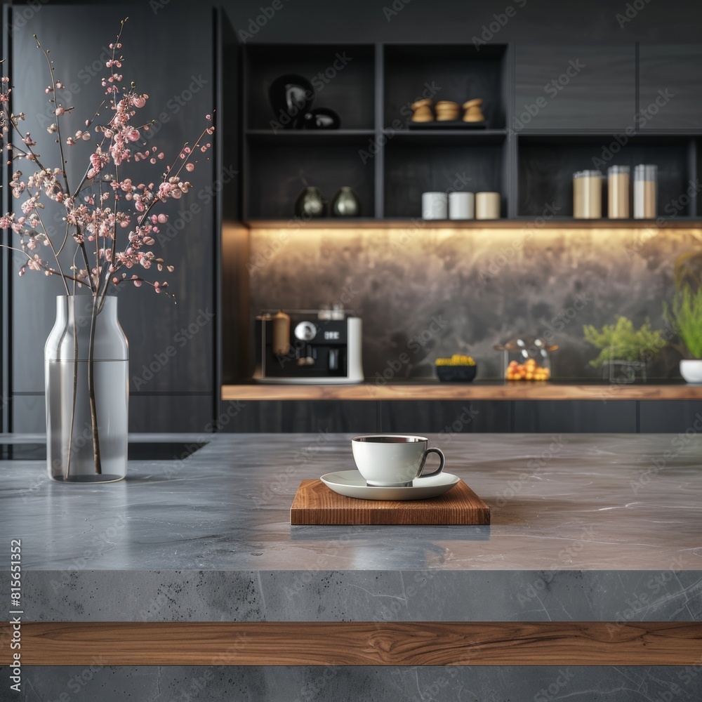 Kitchen island countertop with coffee set, modern kitchen background Kitchen island countertop with coffee set, modern kitchen background