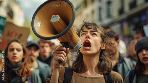 Female activist protesting with megaphone during a demonstration © 沈军 贡