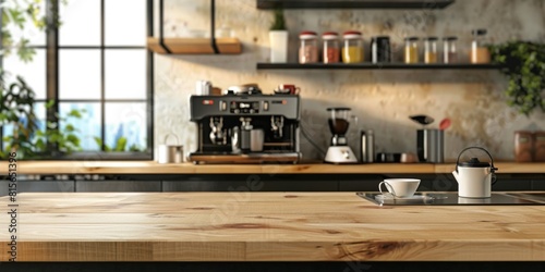 Kitchen island countertop with coffee set  modern kitchen background