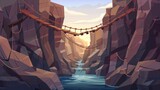 Cliff with hanging bridge with wooden plates and rope. Cartoon modern summer mountain landscape. Precipice with dangerous walkway between brown stone edges.