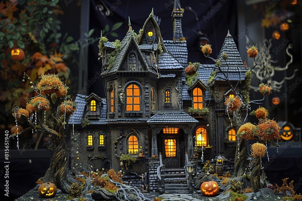 Fototapeta premium Black and orange house with Halloween theme, 3d illustration