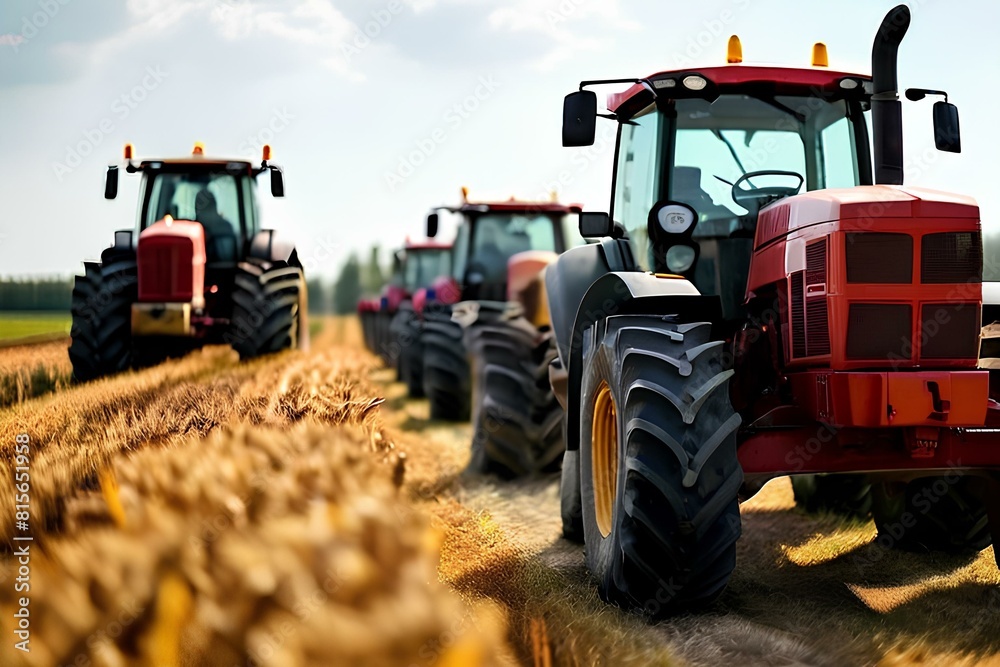 Row of tractors and agricultural machinery drives along the road, surrounded by cultivated fields. Row of tractors and agricultural machinery drives along the road, surrounded by cultivated fields.