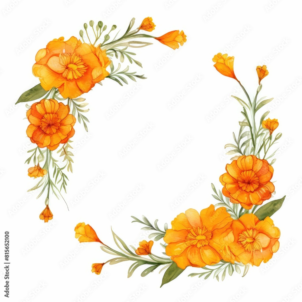 marigold themed frame or border for photos and text. with orange and yellow blooms. watercolor illustration, frame made of marigolds, frame painted in watercolor, for greeting card and invitation.