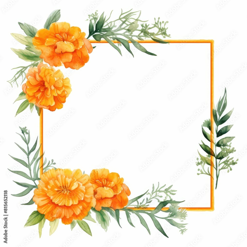 marigold themed frame or border for photos and text. with orange and yellow blooms. watercolor illustration, frame made of marigolds, frame painted in watercolor, for greeting card and invitation. marigold themed frame or border for photos and text. with orange and yellow blooms. watercolor illustration, frame made of marigolds, frame painted in watercolor, for greeting card and invitation.