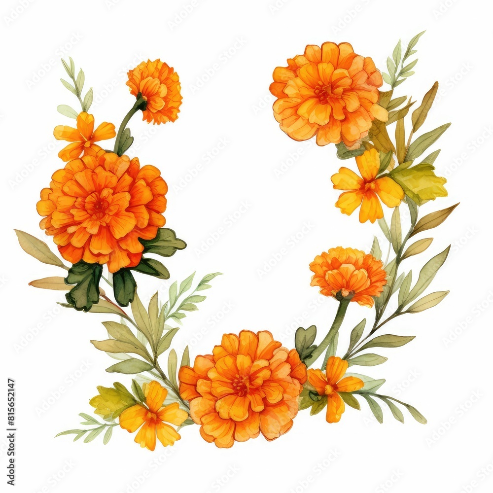 marigold themed frame or border for photos and text. with orange and yellow blooms. watercolor illustration, frame made of marigolds, frame painted in watercolor, for greeting card and invitation. marigold themed frame or border for photos and text. with orange and yellow blooms. watercolor illustration, frame made of marigolds, frame painted in watercolor, for greeting card and invitation.