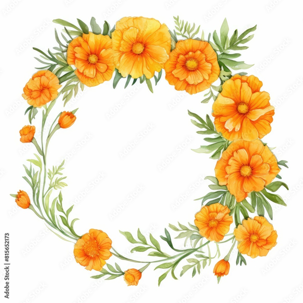 marigold themed frame or border for photos and text. with orange and yellow blooms. watercolor illustration, frame made of marigolds, frame painted in watercolor, for greeting card and invitation. marigold themed frame or border for photos and text. with orange and yellow blooms. watercolor illustration, frame made of marigolds, frame painted in watercolor, for greeting card and invitation.