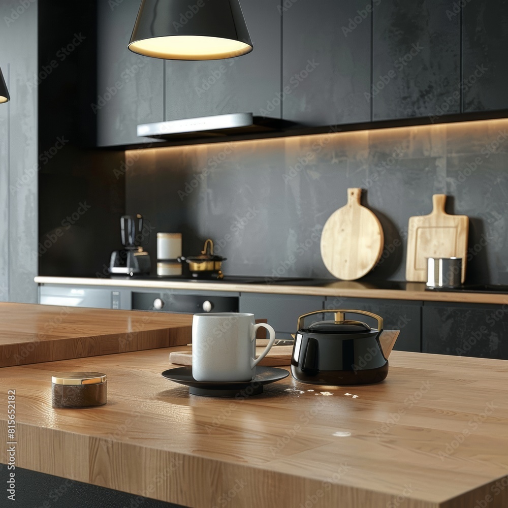 Kitchen island countertop with coffee set, modern kitchen background Kitchen island countertop with coffee set, modern kitchen background