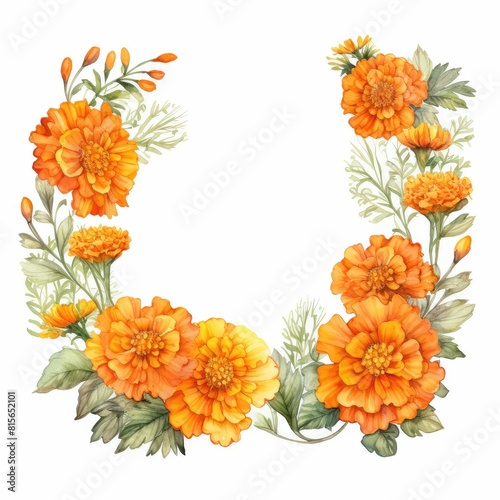 marigold themed frame or border for photos and text. with orange and yellow blooms. watercolor illustration, frame made of marigolds, frame painted in watercolor, for greeting card and invitation.