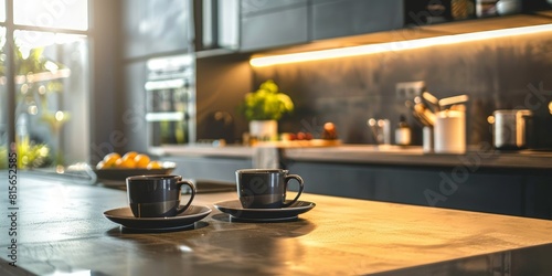 Kitchen island countertop with coffee set, modern kitchen background photo