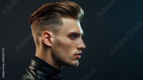 A dashing man sporting a high fade and side part with a low skin taper at the crown.