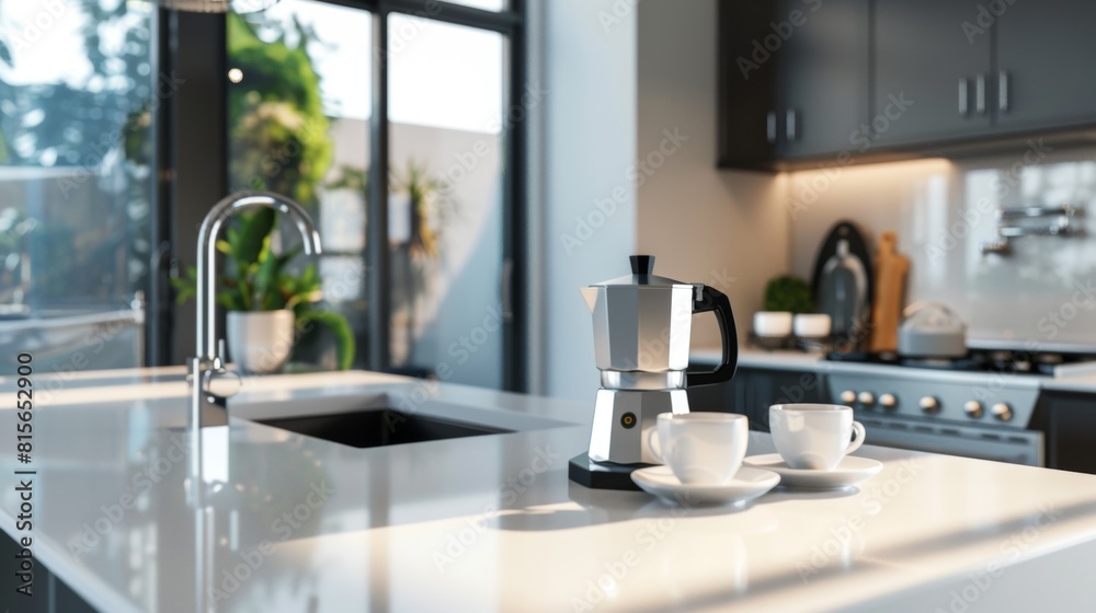 Kitchen island countertop with coffee set, modern kitchen background Kitchen island countertop with coffee set, modern kitchen background