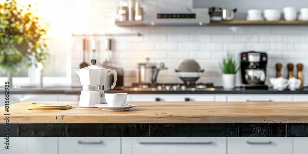 Kitchen island countertop with coffee set, modern kitchen background Kitchen island countertop with coffee set, modern kitchen background