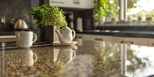 Kitchen island countertop with coffee set, modern kitchen background photo