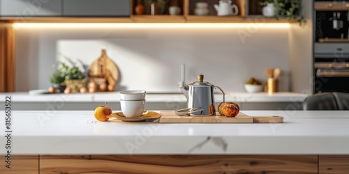 Kitchen island countertop with coffee set, modern kitchen background © Sergey
