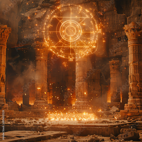 Ancient temple ruins with futuristic holographic symbols floating above, blending mythology with technology, warm earth tones, 3D render, mysterious and ethereal atmosphere