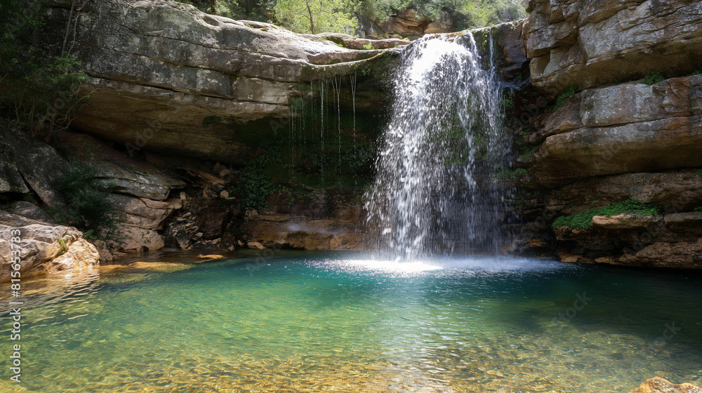 Naklejka premium A crystal-clear waterfall cascading down a rocky cliff into a serene pool of water, symbolizing the purity and abundance of clean water sources. Dynamic and dramatic composition, w