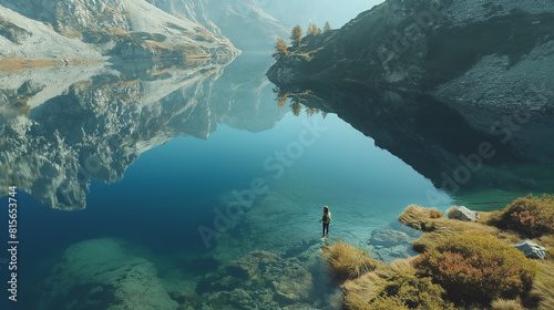 An aerial shot of a pristine lake reflecting the surrounding mountains, with a person filling up a reusable water bottle from a nearby spring, emphasizing the importance of clean w