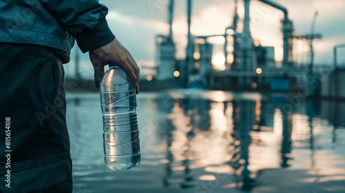 A striking photograph of a person holding a reusable water bottle against a backdrop of industrial water treatment facilities, symbolizing the human effort to ensure access to clea photo