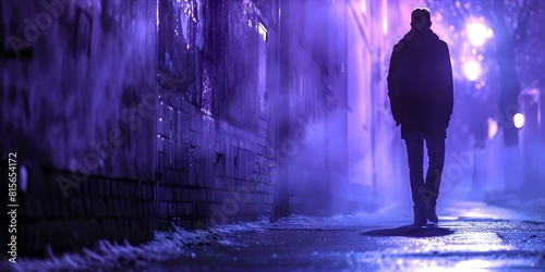 Man standing in dark alley at night creating suspenseful thriller atmosphere. Concept Dark alley, Suspenseful thriller, Man standing, Night scene, Mysterious atmosphere