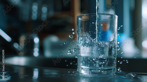 A dynamic image of water droplets falling from a faucet into a glass, captured in high-speed motion, highlighting the purity and clarity of clean drinking water. Dynamic and dramat