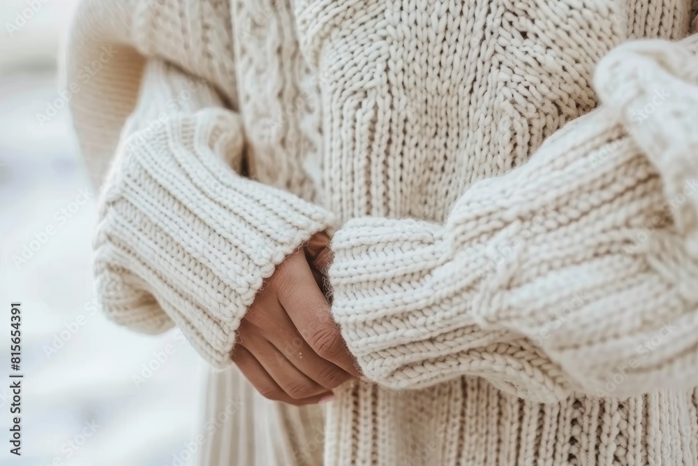 Fashionable woman in cozy knitted sweater outdoors with spacious area for text placement