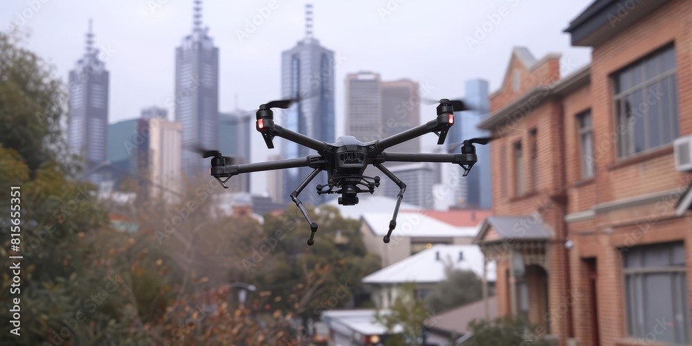 A hexacopter drone flies over a city. A hexacopter drone flies over a city.