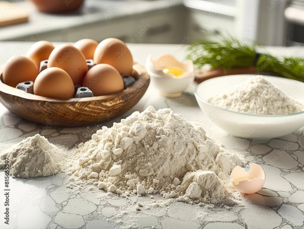 Image shows a pile of flour with a wooden bowl of eggs in the background. Image shows a pile of flour with a wooden bowl of eggs in the background.