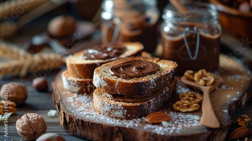 Macro of Wood Table with Nutella Bread Slices  Homemade Jars  Nuts  Old-Style Photography