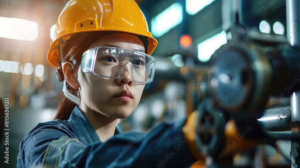 Asian woman technician in a factory is working on a metal drilling machine. Generative AI Asian woman technician in a factory is working on a metal drilling machine. Generative AI