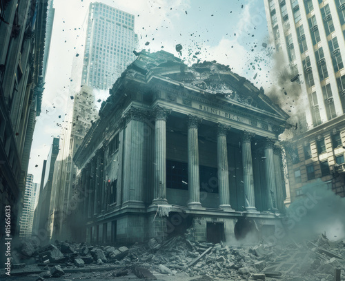 Bank building is collapsed Bankruptcy bank Collapse financial organization Banking crisis Signs of dollar near economic organization Loss of money by bank depositors after bankrupt photo