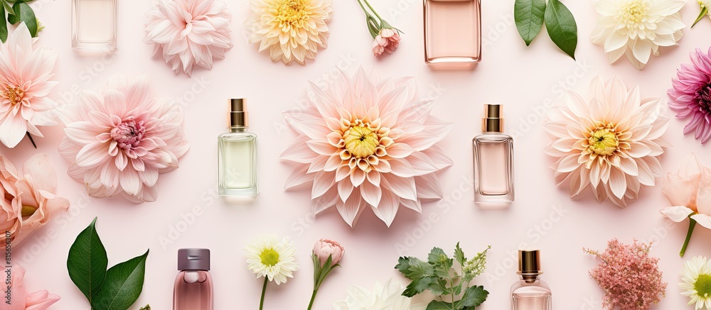 © Gular - Luxury cosmetics with dahlia flower and green leaf on pink background Luxury expensive fresh and floral perfume and nail polish top view flat lay. copy space available