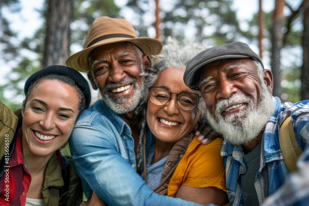 Group of happy senior people hiking together in the forest. Multiracial friends having fun outdoors. Group of happy senior people hiking together in the forest. Multiracial friends having fun outdoors.