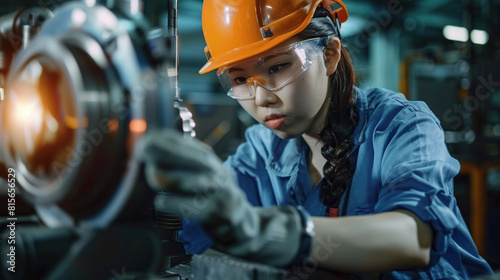 Asian woman technician in a factory is working on a metal drilling machine. Generative AI