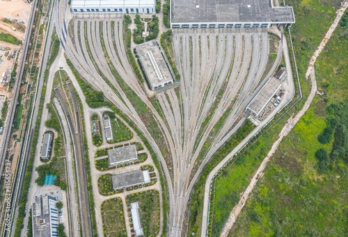 Aerial view of Wuhan Metro high-speed train depot in China photo