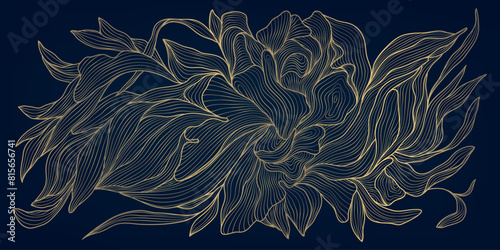 Vector golden flower background, luxury abstract line leaves composition. Art deco floral ornament, elegant summer print. Foliage drawing, vintage illustration 