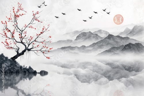 Wallpaper Mural A landscape of mountains and lakes painted in Japanese painting. Watercolor painting with black and white base color. Torontodigital.ca