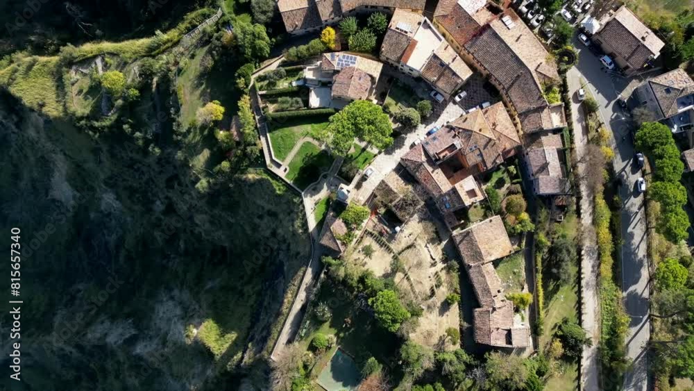 Ascending drone shot of the Fiorenzuola di Focara village on the Mediterranean coast, Italy Ascending drone shot of the Fiorenzuola di Focara village on the Mediterranean coast, Italy