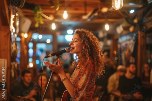 Curly-haired woman singing energetically in a bright setting photo
