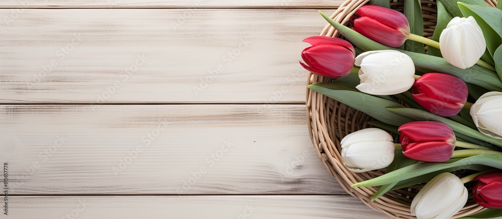 White eggs in a wicker basket and bunch of burgundy tulips close up on light wooden background flat lay copy space White eggs in a wicker basket and bunch of burgundy tulips close up on light wooden background flat lay copy space
