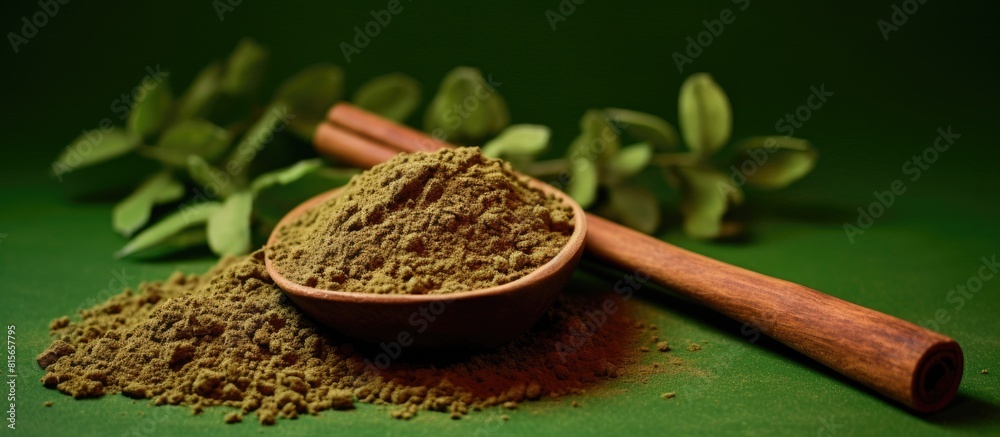 cinnamon spice powder with stick in green background with copy space cinnamon spice powder with stick in green background with copy space
