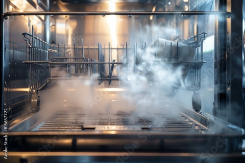 Industrial dishwasher in a restaurant kitchen with rising steam photo