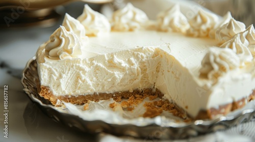 Close up top view of a portion of cheesecake pie in horizontal orientation