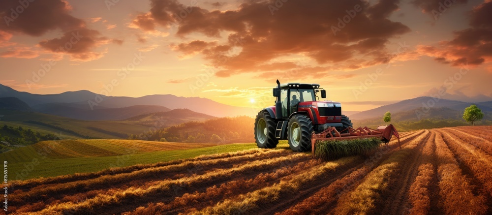 An altered sunset sky provides a picturesque backdrop to an elevated view of a tractor plowing a countryside rural field in the spring season signaling the beginning of agriculture s resurgence In th An altered sunset sky provides a picturesque backdrop to an elevated view of a tractor plowing a countryside rural field in the spring season signaling the beginning of agriculture s resurgence In th