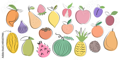 Fruit illustrations set in flat design. Big set of fruit for stickers in simple style. 

